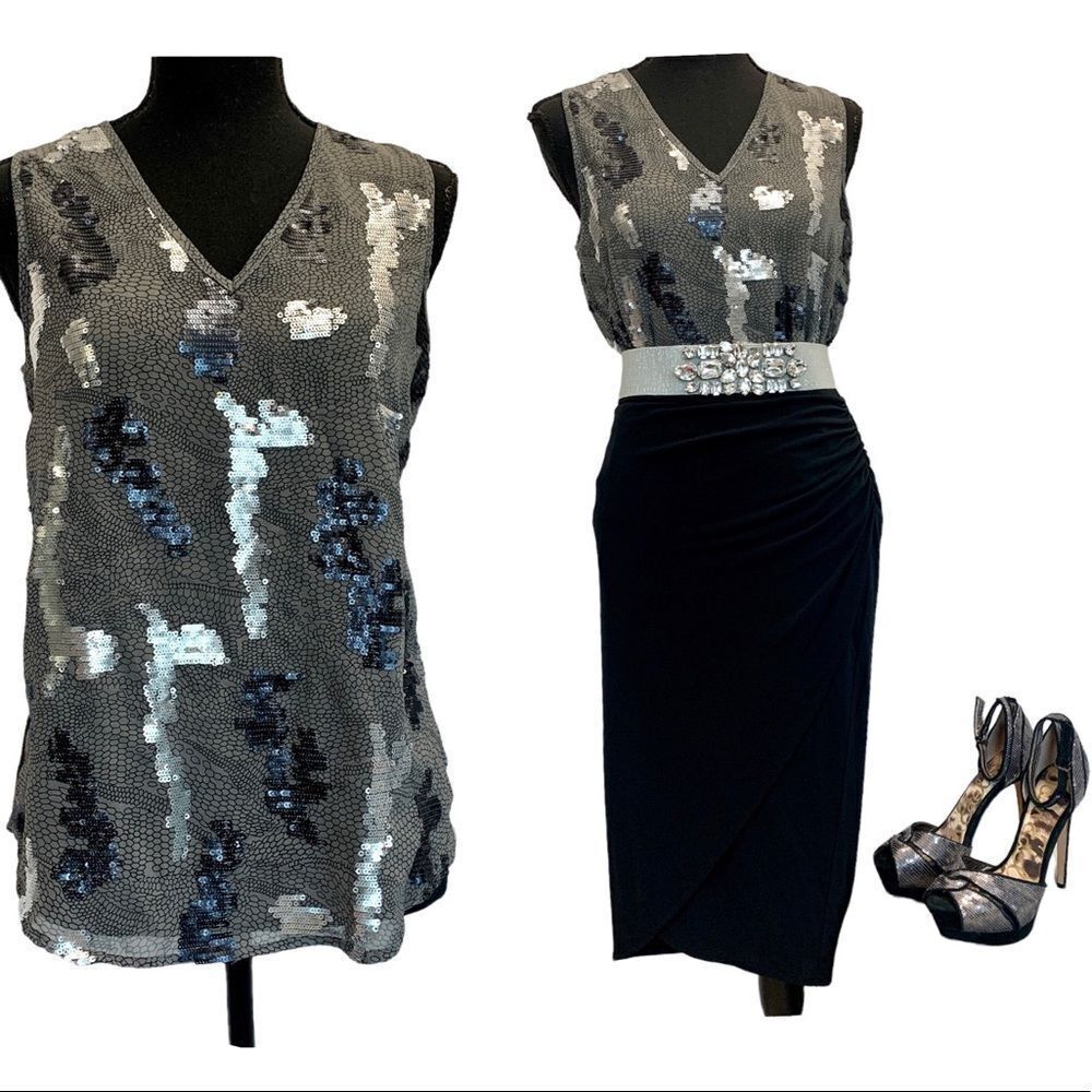 DEX silver gray black sequin Camisole tank top Blouse Sz S sparkly Vegas